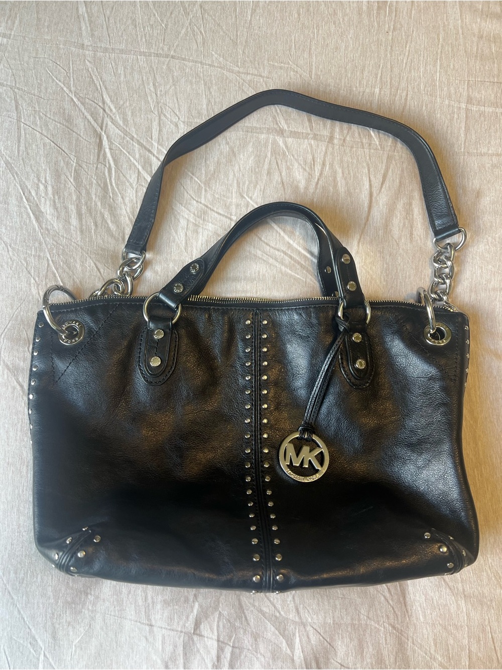 Michael Kors Black Leather Studded Tote with MK Charm